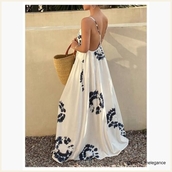 Boho Floral Backless Maxi Dress Tie Front Deep V Neck Sleeveless A Line - Picture 4 of 5